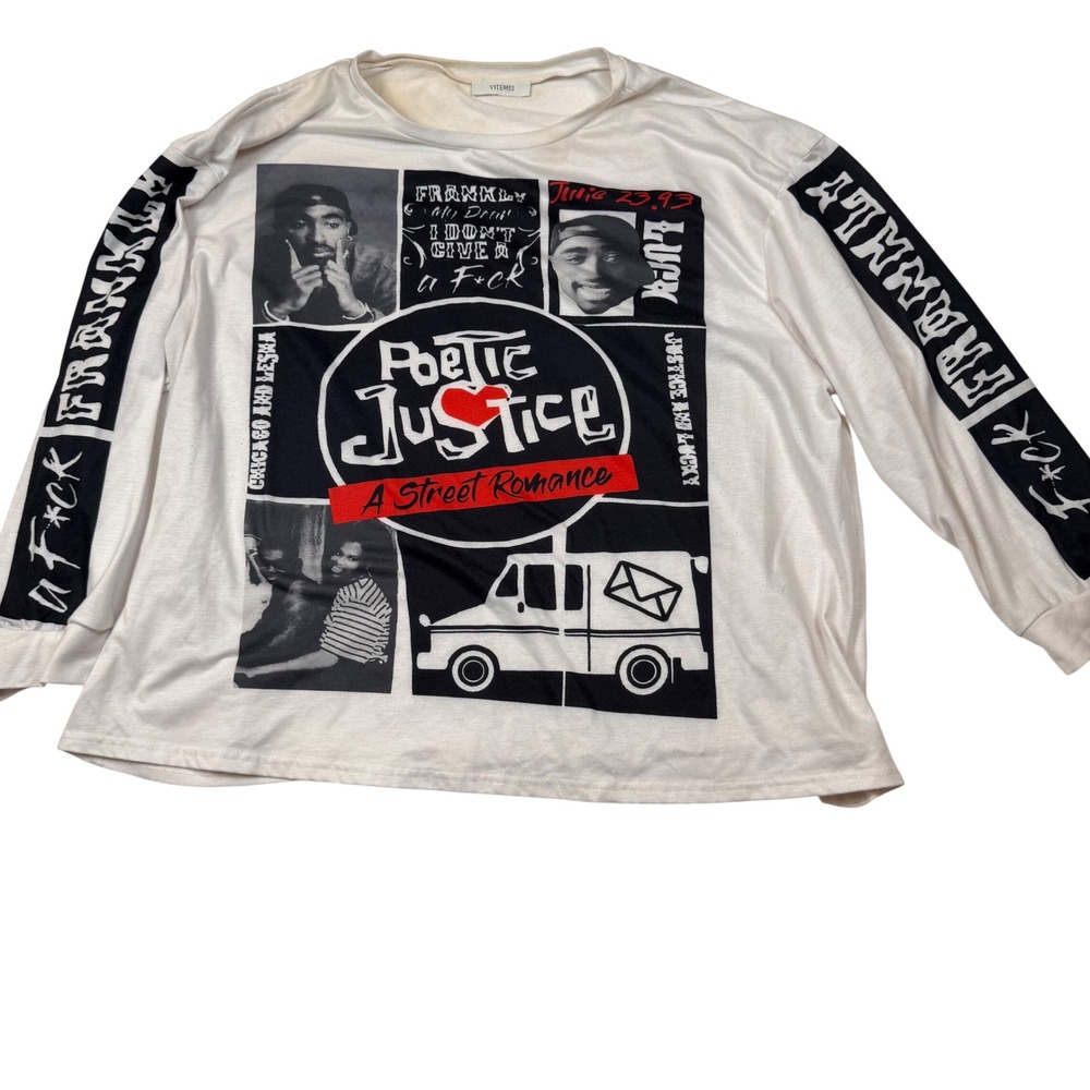 Yitemei Poetic Justice Tupac Graphic Long Sleeve Shirt White Mens 4XL Hip Hop